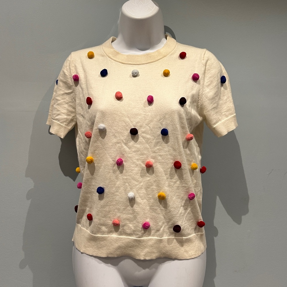 Kate Spade New York Live Colorfully Cream Top with Colorful Pom-Poms Small FLAW
